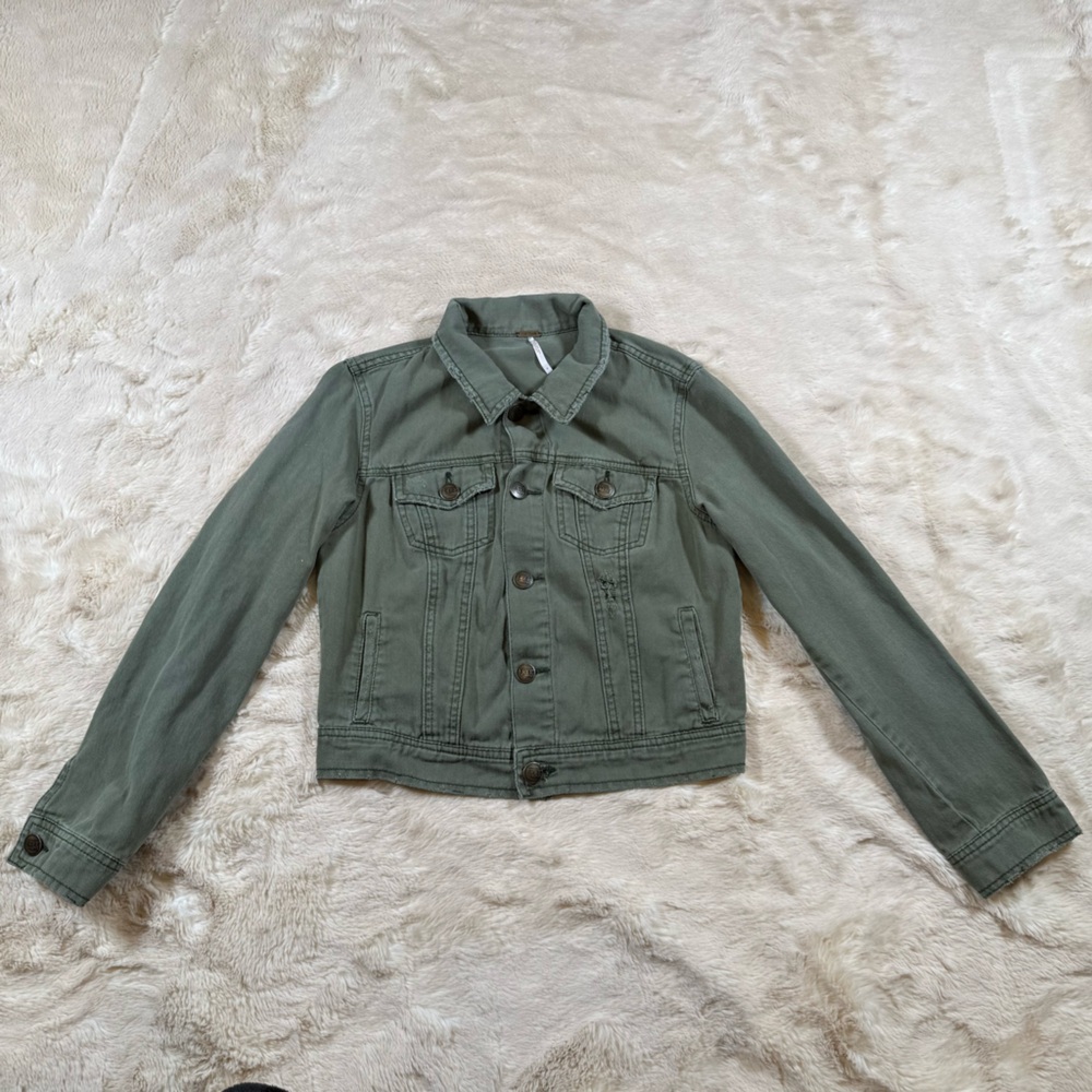 Free People Military Green Distressed Soft Cotton Jean Denim Jacket Size 8